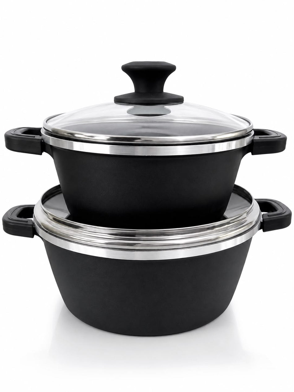 Mettmann – Set de 2 Marmites 20/24 cm – Fonte d’Aluminium – Revêtement Antiadhésif Greblon C2+ – Couvercles en Verre – Tous Feux dont Induction – Noir