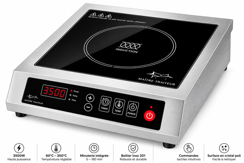 Plaque à Induction Professionnelle 3500W en Inox, 10 Niveaux (400W à 3500W), Commandes Tactiles, Double Ventilation, Norme CE – Idéal Traiteurs & Restaurants