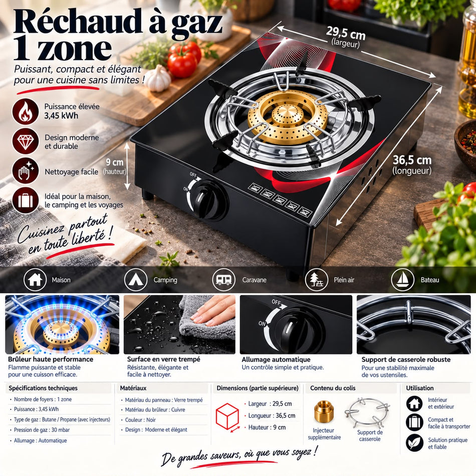 Réchaud Gaz Simple 1 Brûleur 3.45 kW, Vitroceramique Noir Facile à Nettoyer. Portable, Idéal Intérieur, Extérieur, Caravane, Camping. Puissance totale 3.45kW
