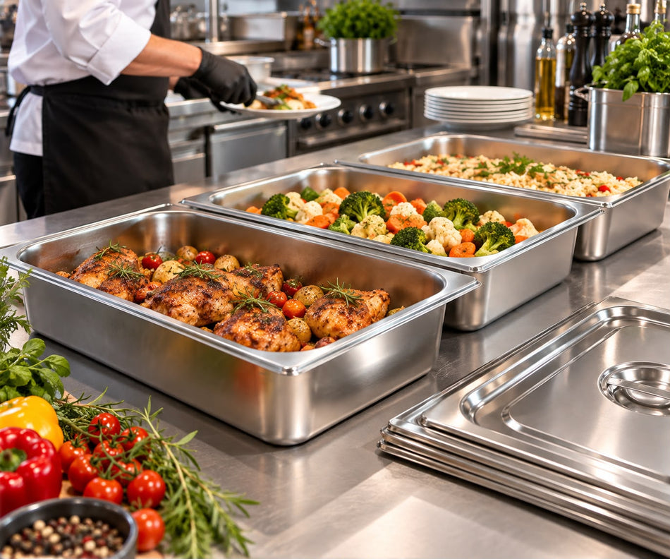 Lot de 3 Bacs Gastronomiques GN en Inox avec Couvercles – 53 × 32,5 × 10 cm Aliments Chauds et Froids pour Cuisine de Restaurant Gril
