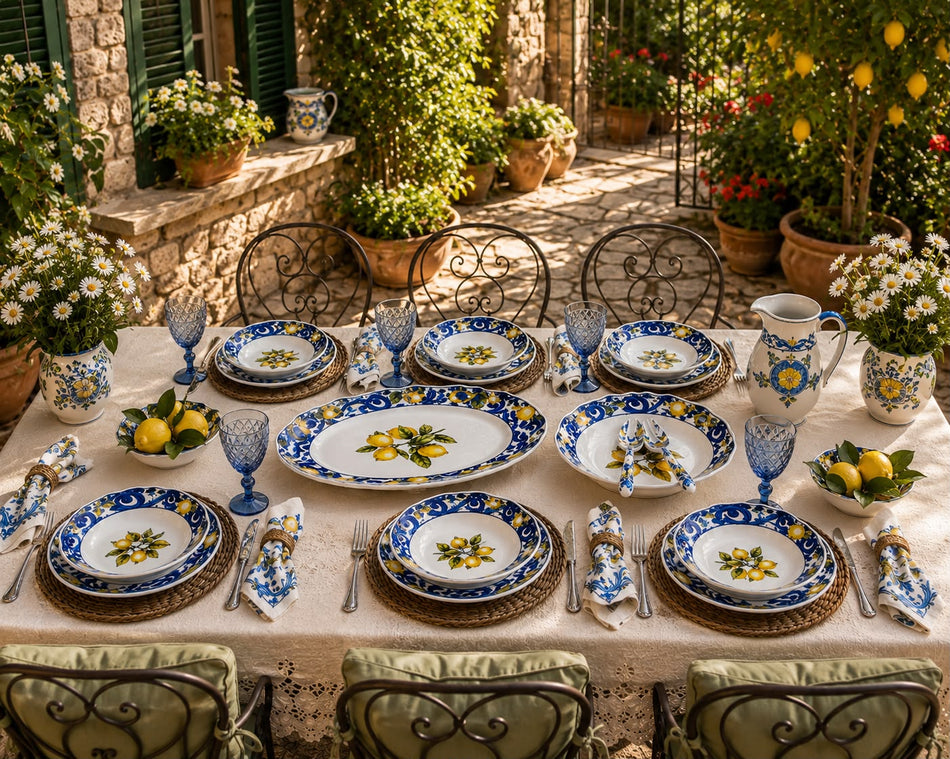 Service de Table Complet 22 Pièces en Mélamine Haute Qualité - Collection "Dolce Vita" Citron Bleu Riviera