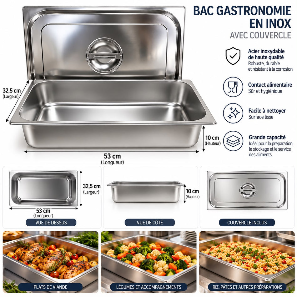 Lot de 3 Bacs Gastronomiques GN en Inox avec Couvercles – 53 × 32,5 × 10 cm Aliments Chauds et Froids pour Cuisine de Restaurant Gril