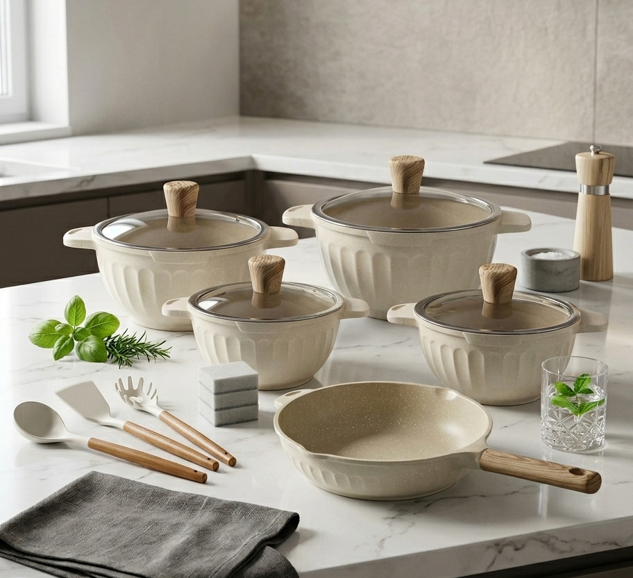 Batterie de cuisine 15 pièces – Compatible induction – Revêtement antiadhésif - Beige