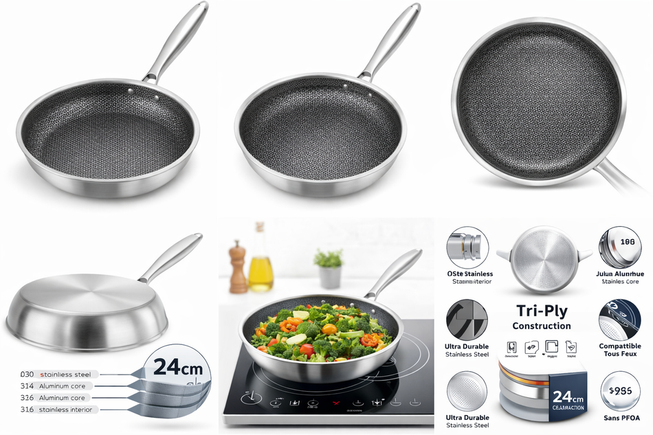 Poêle à Frire en Acier Inoxydable Tri-Ply 24 cm Qualité Professionnelle, Compatible Tous Feux dont Induction, Sans PFOA
