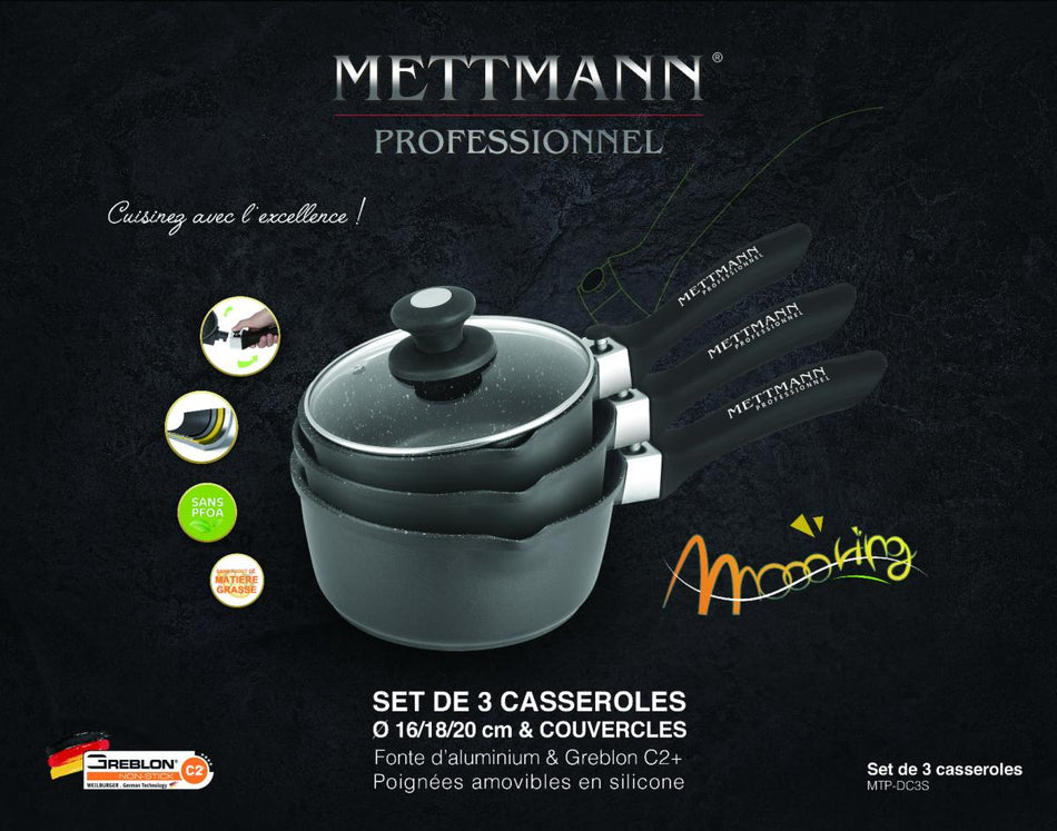 Set de 3 casseroles avec 3 manches amovibles 16/18/20 cm 3 couvercles en revêtement anti-adhésif Greblon C2+ - Induction