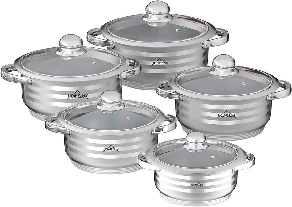Set de Faitouts Inox Premium (10 Pièces) – Couvercles en Verre, Compatible Induction & Tous Feux