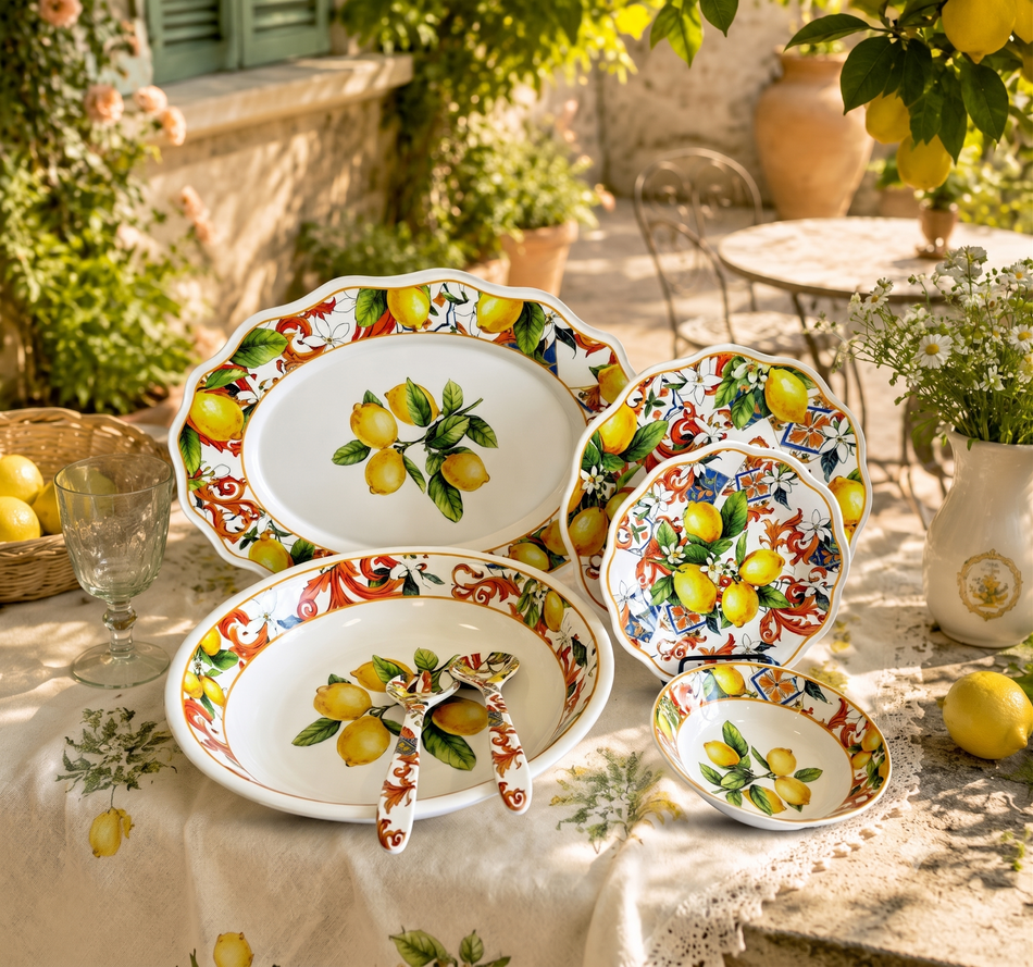 Service de Table Complet 22 Pièces en Mélamine Haute Qualité - Collection "Dolce Vita" Citron Jaune Capri