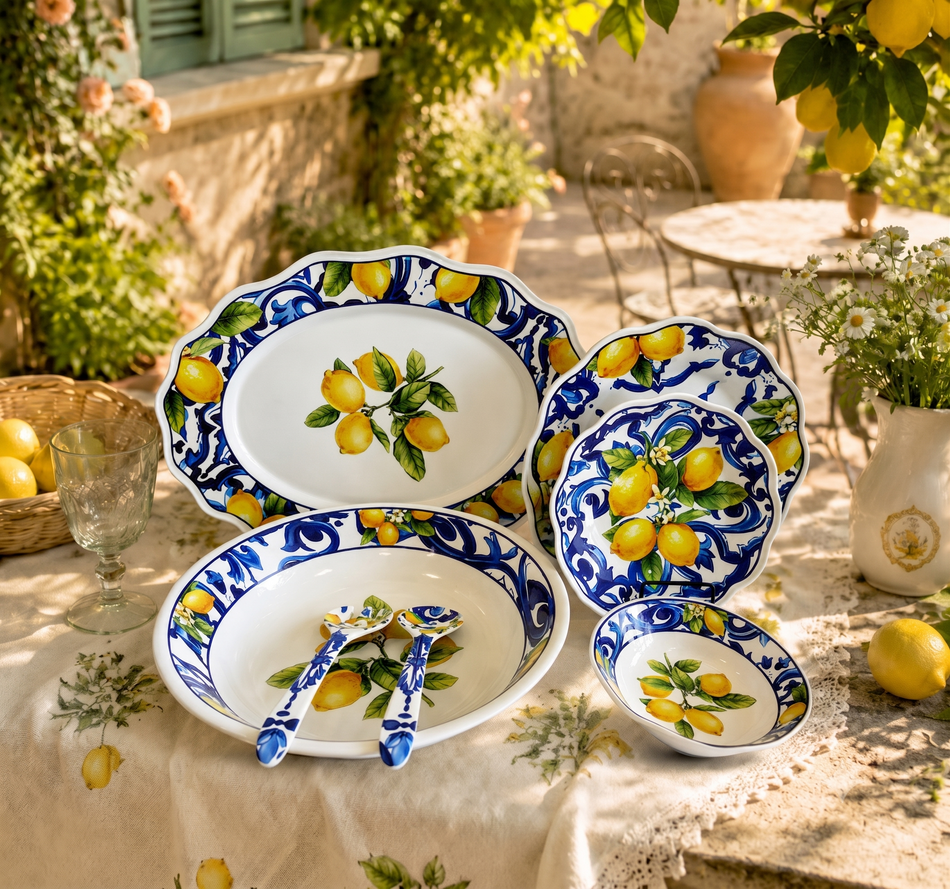 Service de Table Complet 22 Pièces en Mélamine Haute Qualité - Collection "Dolce Vita" Citron Bleu Riviera
